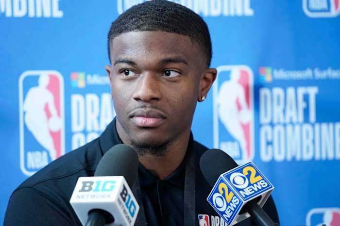 EJ Liddell talks to the media during the 2022 NBA Draft Combine at Wintrust Arena.